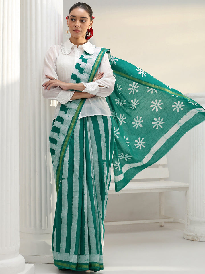 Green Floral Printed Cotton saree