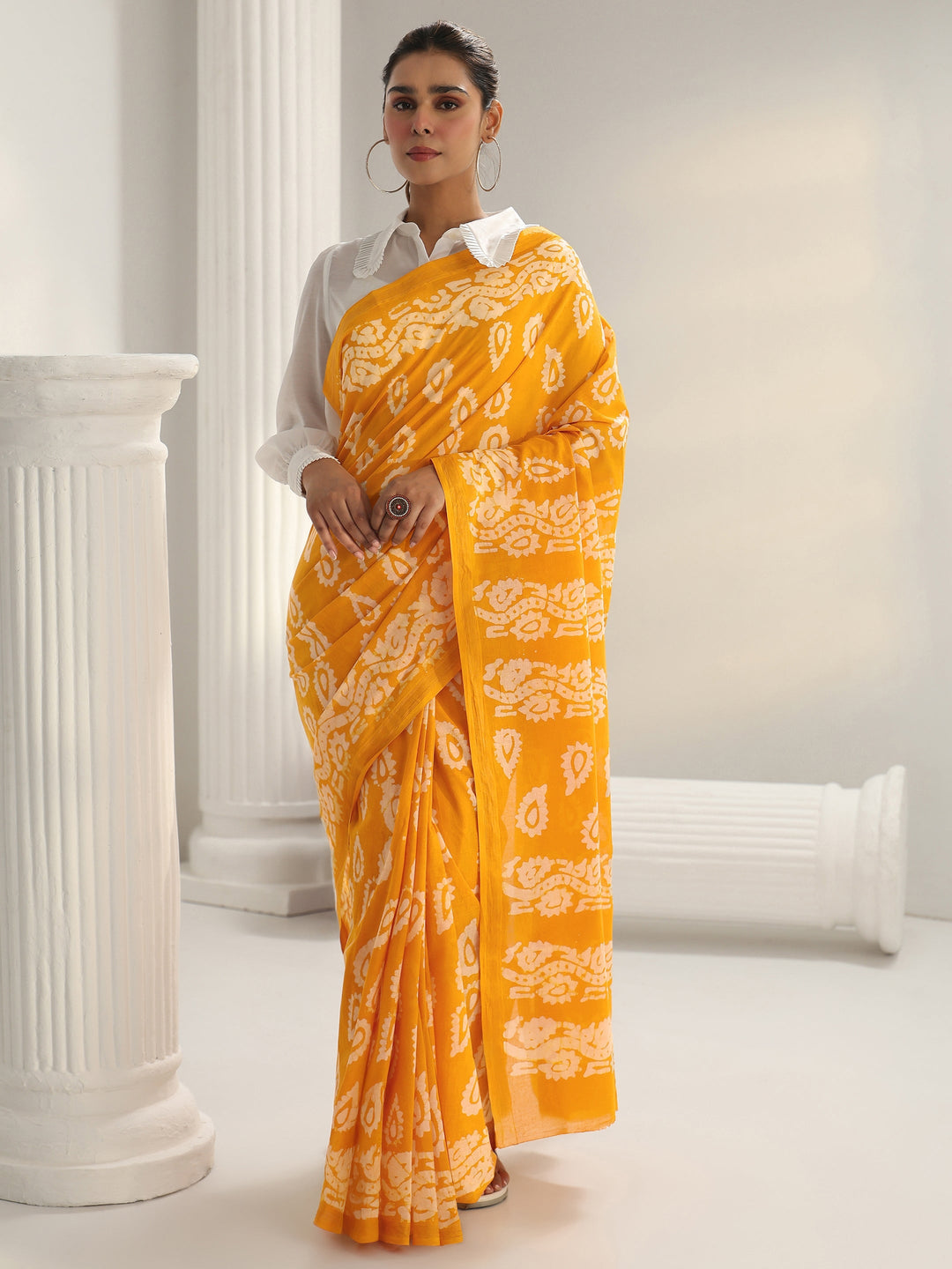 Mustard Block Print Cotton Saree
