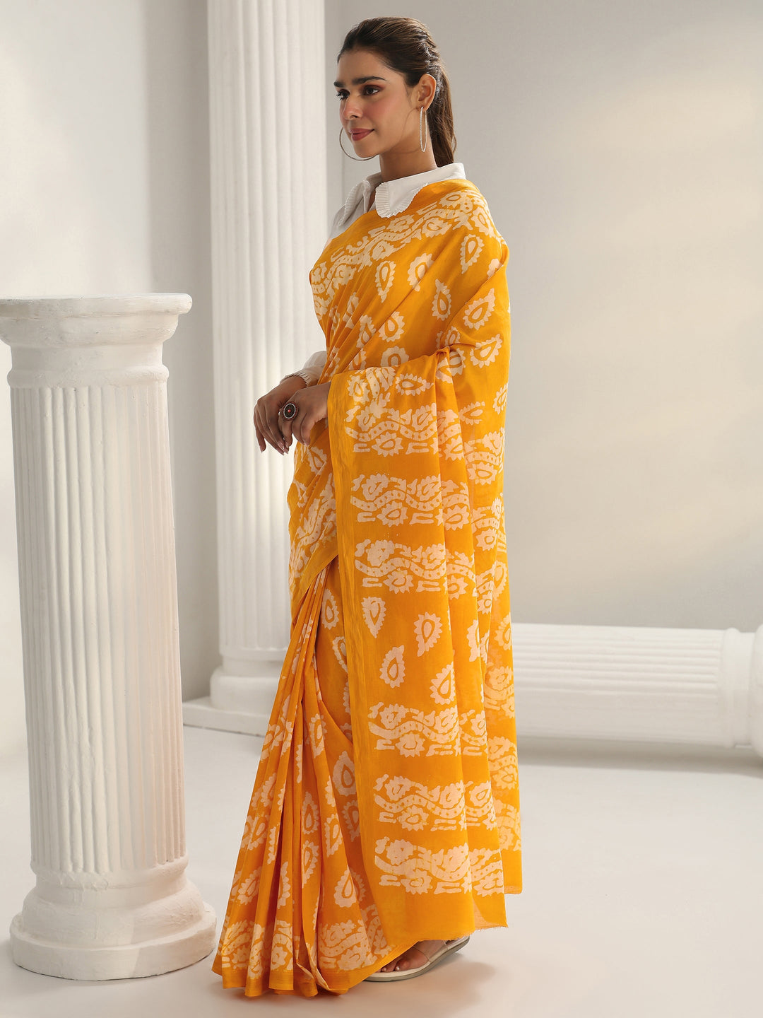 Mustard Block Print Cotton Saree