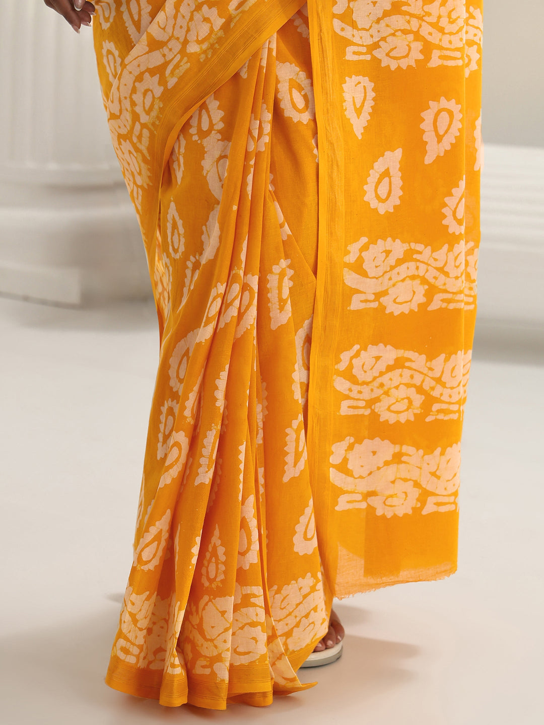 Mustard Block Print Cotton Saree