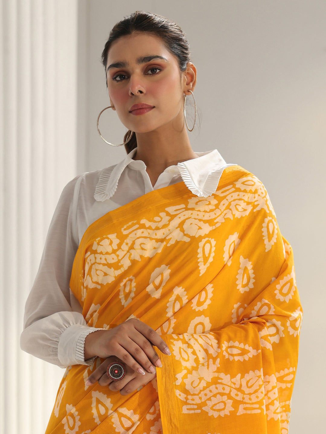 Mustard Block Print Cotton Saree