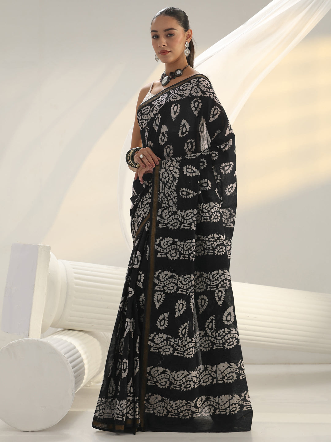 Black Block Print Cotton Saree