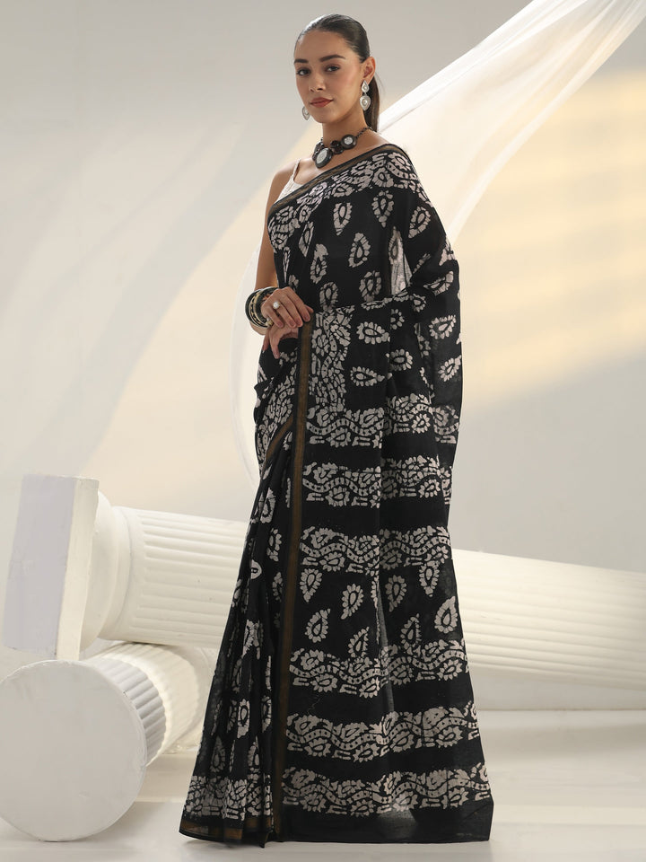 Black Block Print Cotton Saree