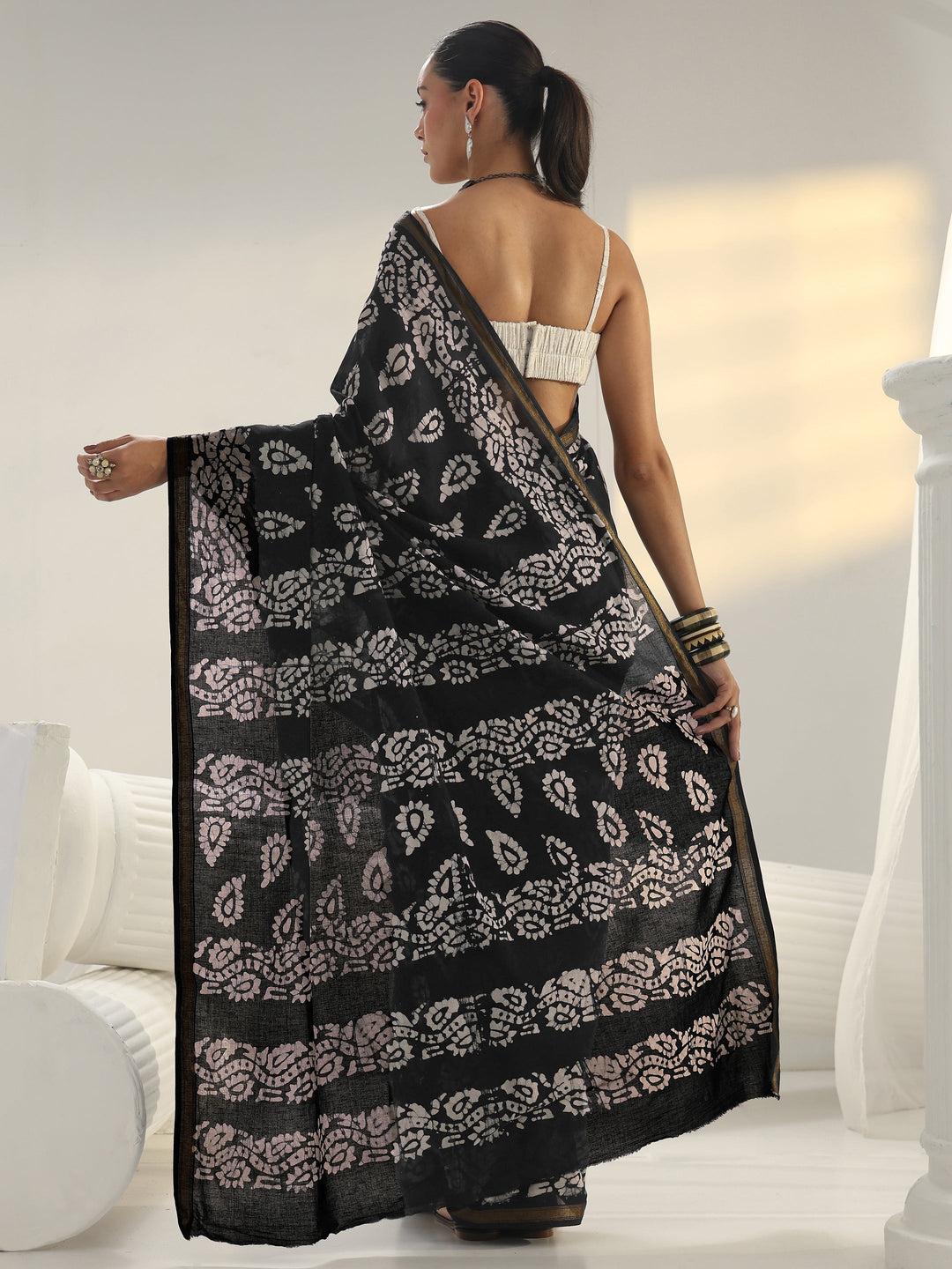 Black Block Print Cotton Saree