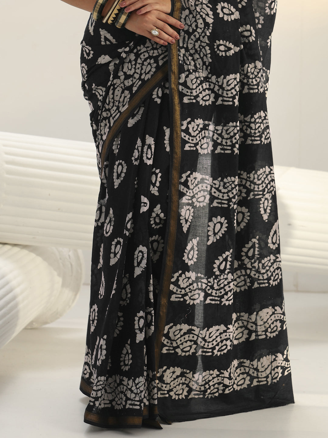 Black Block Print Cotton Saree