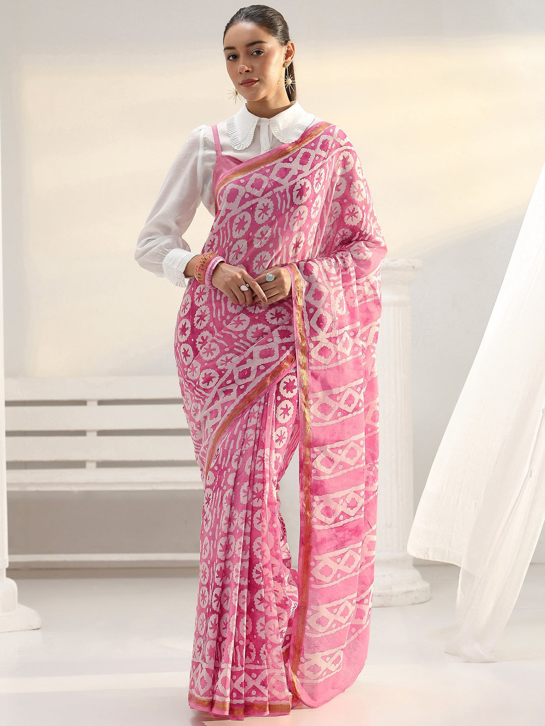 Pink Ethnic Printed Cotton Saree