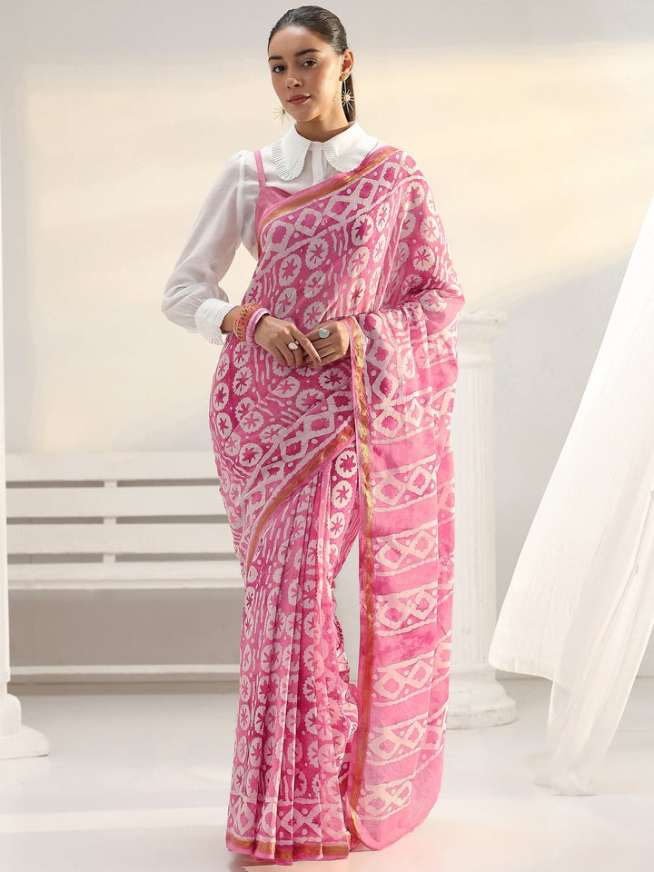 Pink Ethnic Printed Cotton Saree