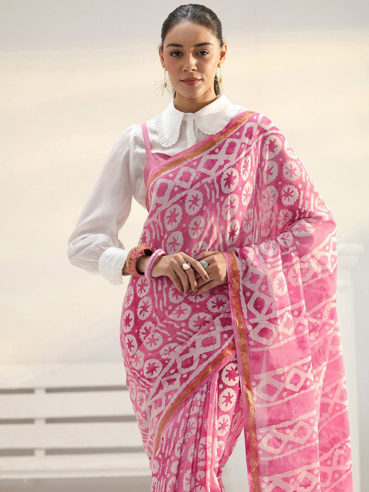 Pink Ethnic Printed Cotton Saree