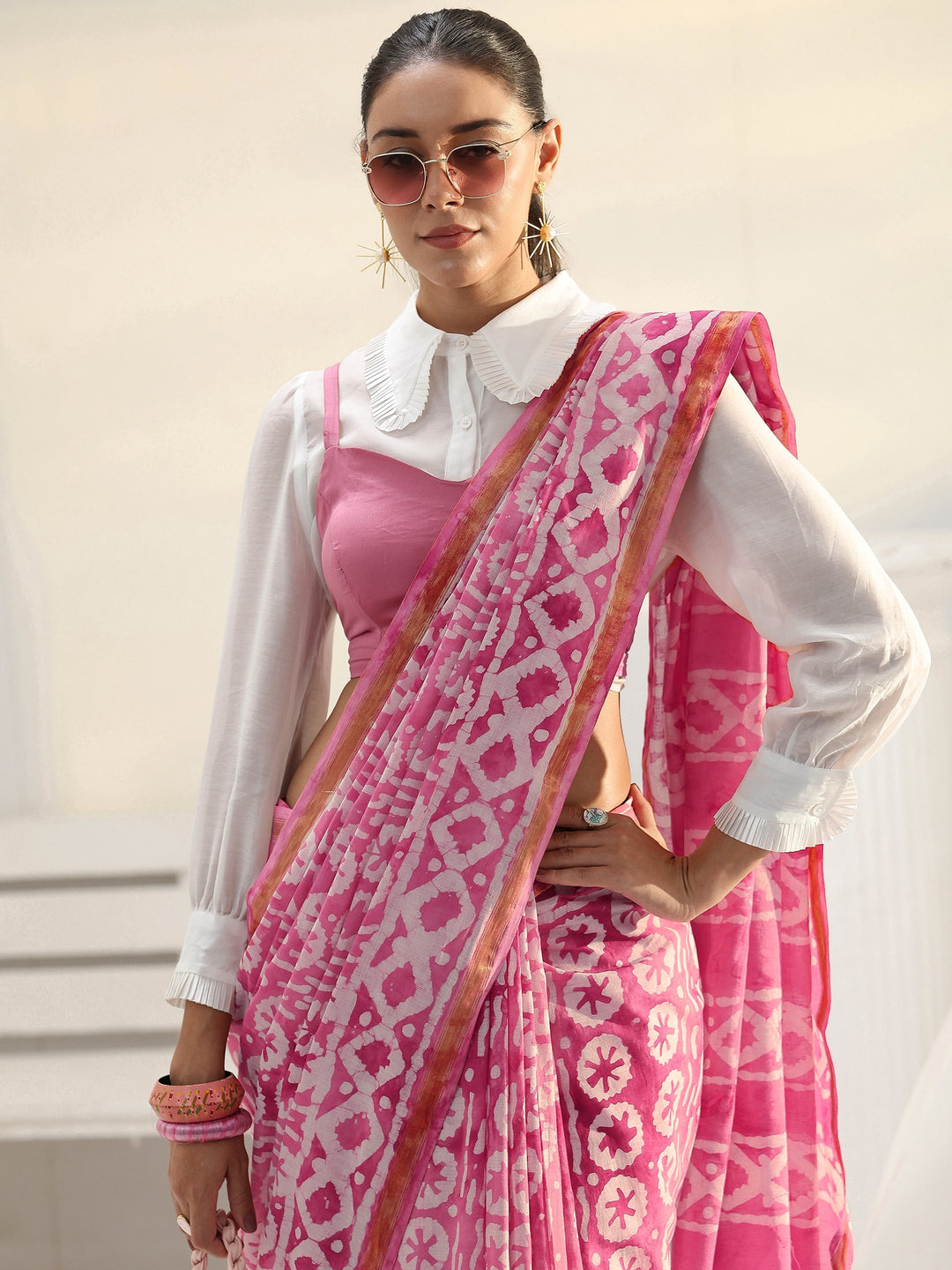 Pink Ethnic Printed Cotton Saree