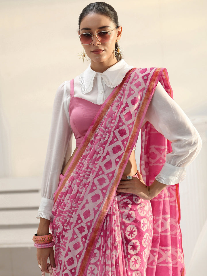 Pink Ethnic Printed Cotton Saree