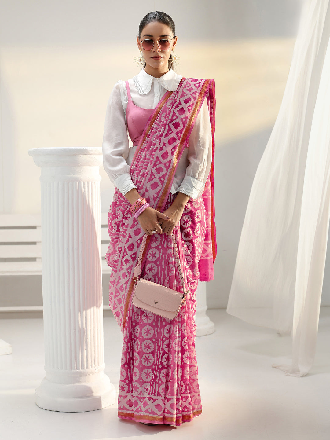 Pink Geometric Dabu Print Cotton Saree