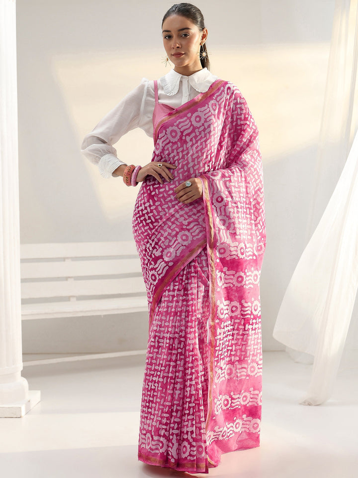 Pink Abstract Printed Cotton Saree