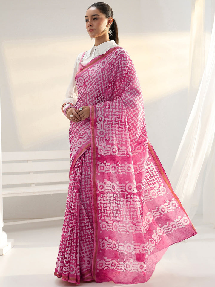 Pink Abstract Printed Cotton Saree