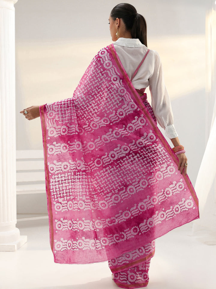 Pink Abstract Printed Cotton Saree