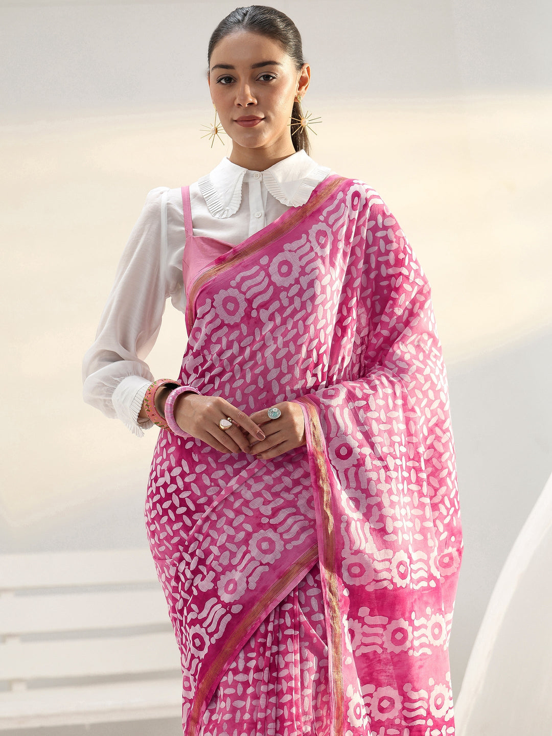 Pink Abstract Printed Cotton Saree