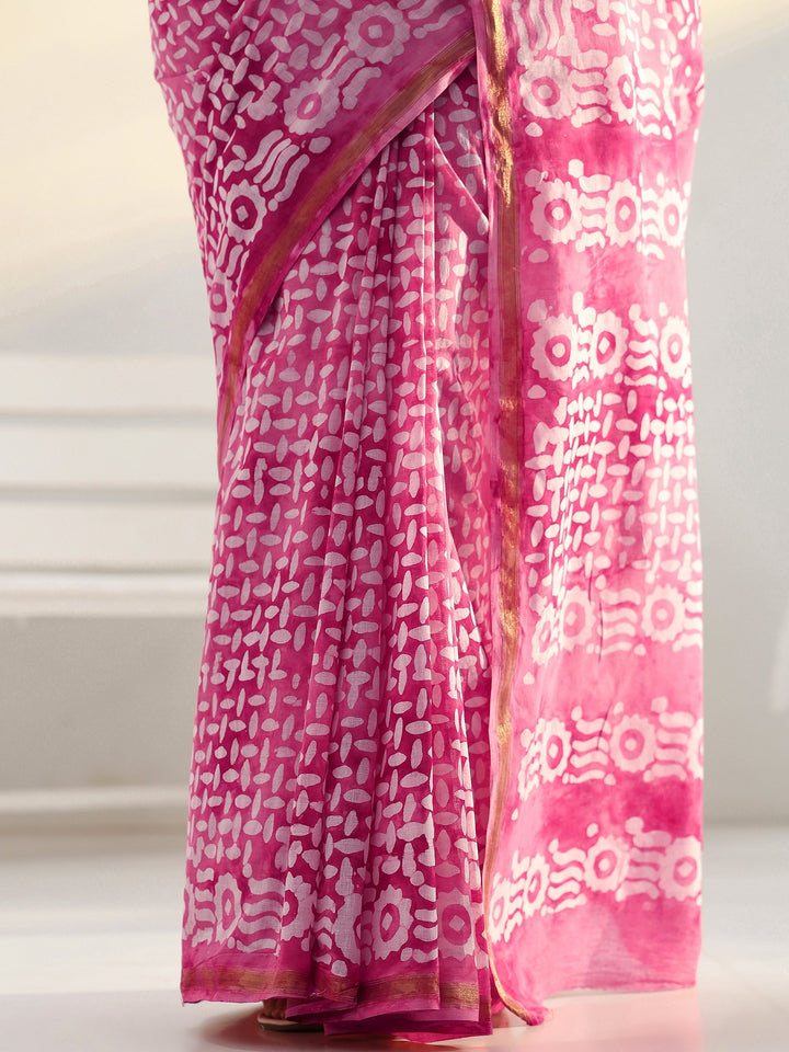 Pink Abstract Printed Cotton Saree