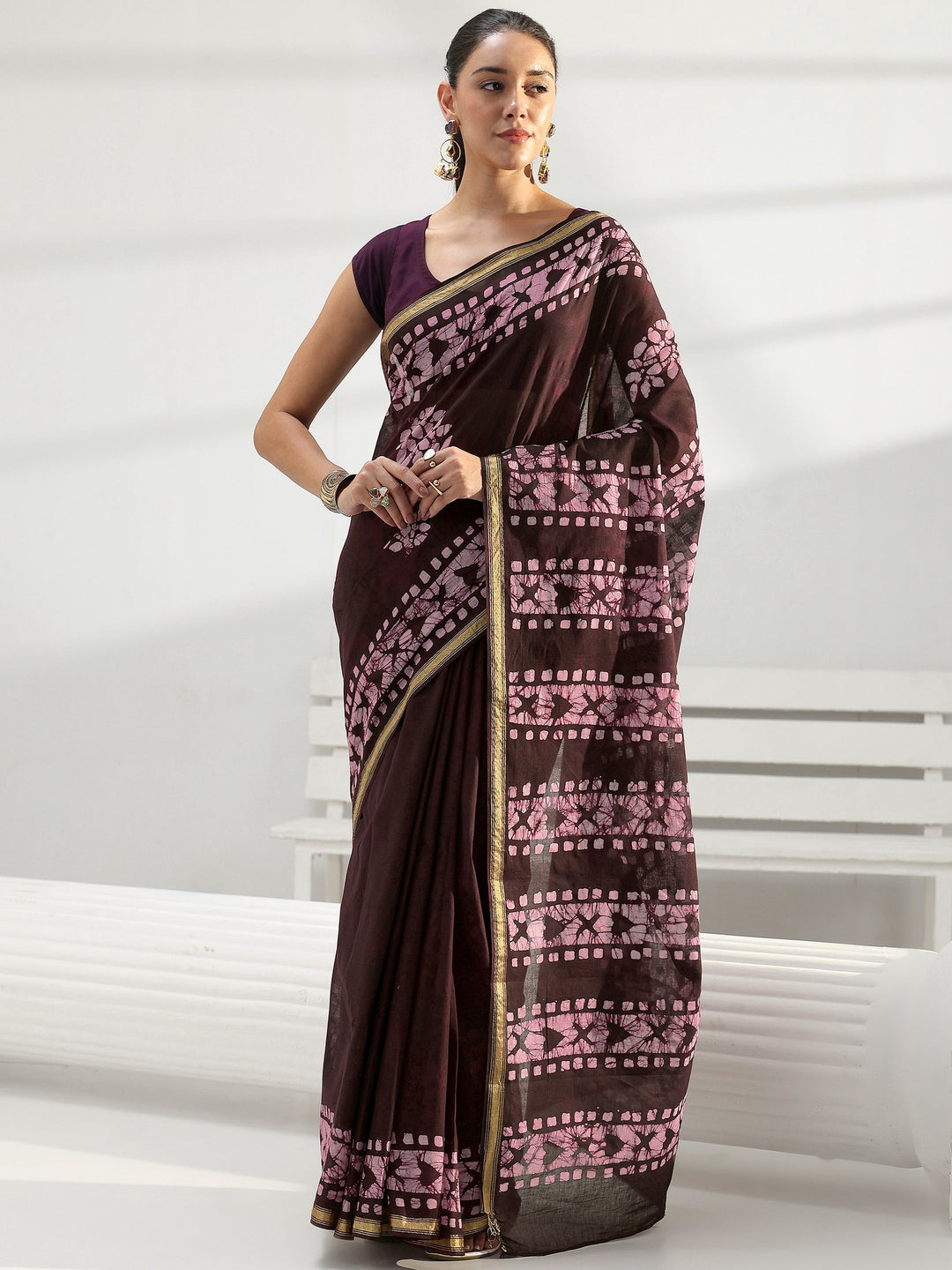 Burgundy Floral Printed Cotton Saree