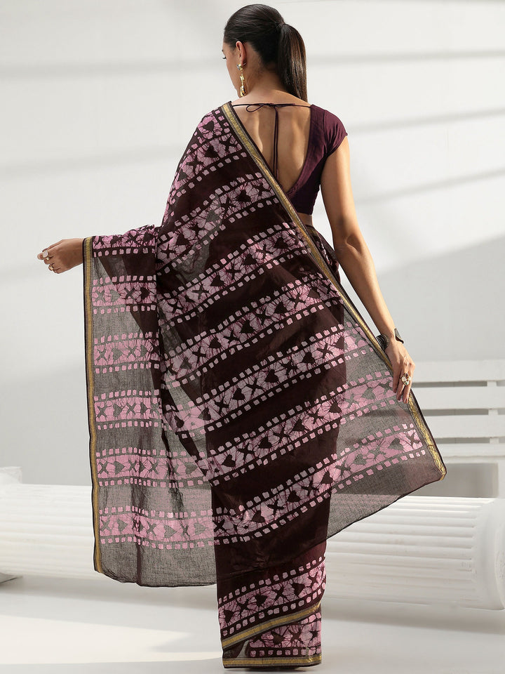 Burgundy Floral Printed Cotton Saree