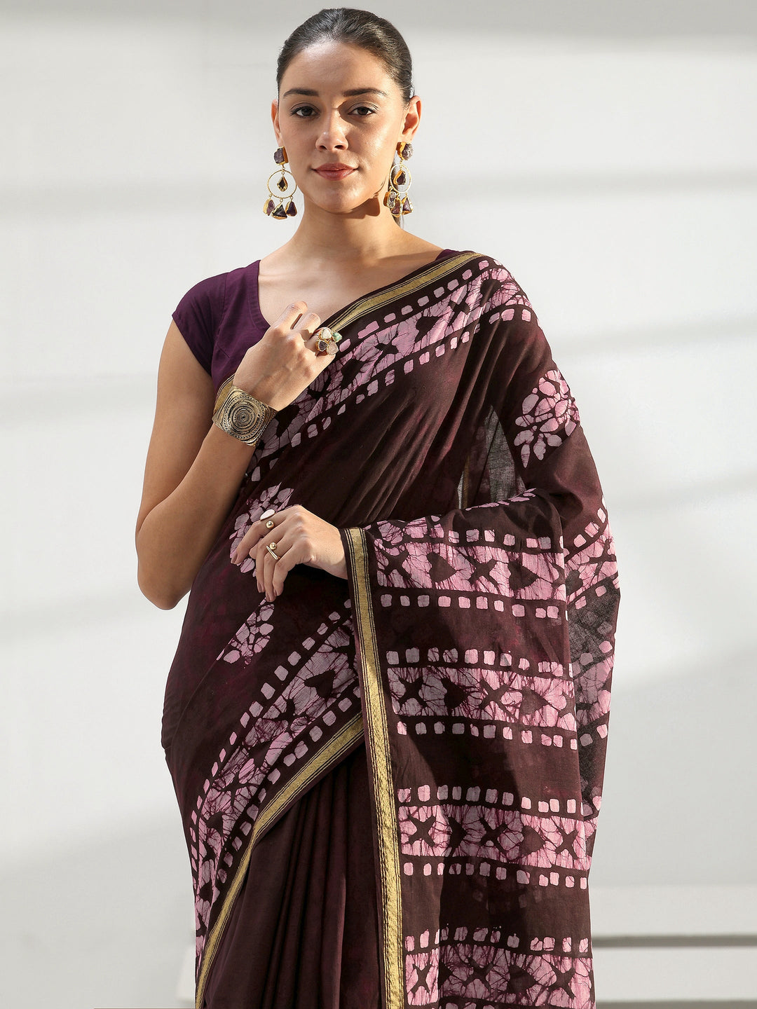 Burgundy Floral Printed Cotton Saree