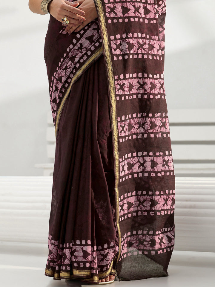 Burgundy Floral Printed Cotton Saree