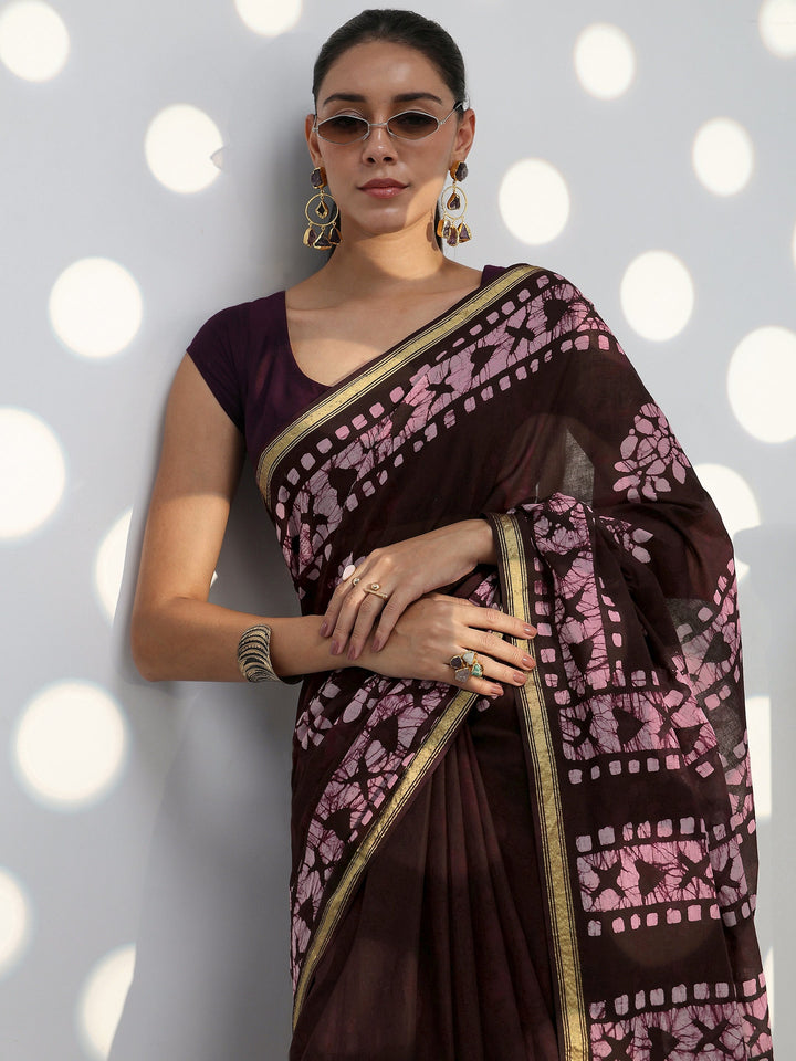 Burgundy Floral Printed Cotton Saree