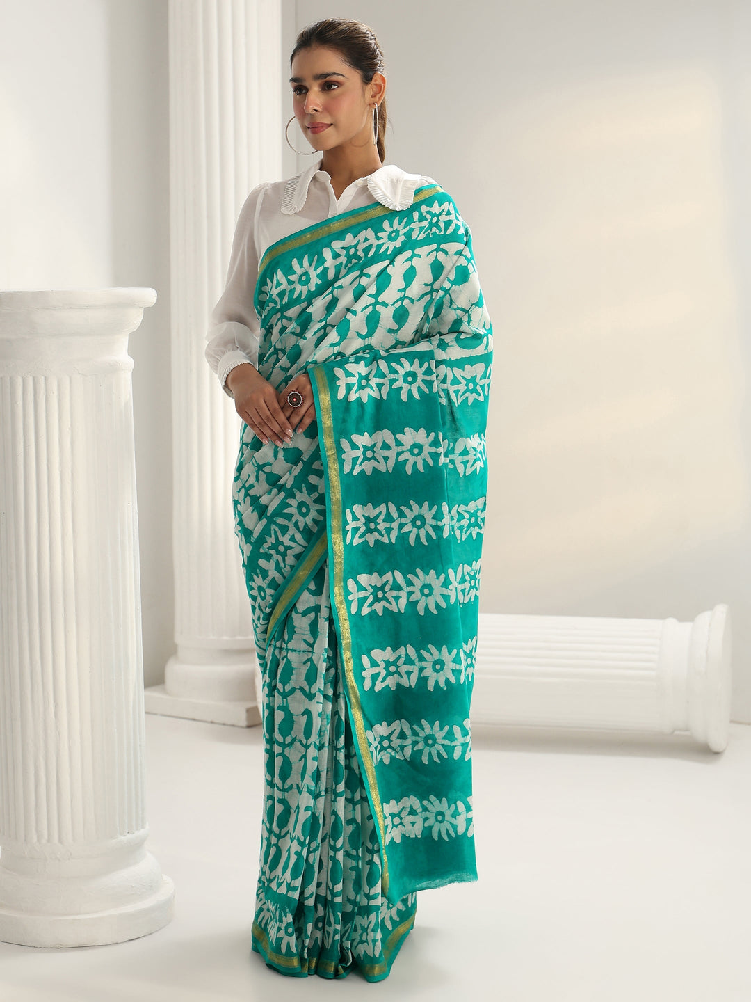 Green Batik Print Cotton Saree