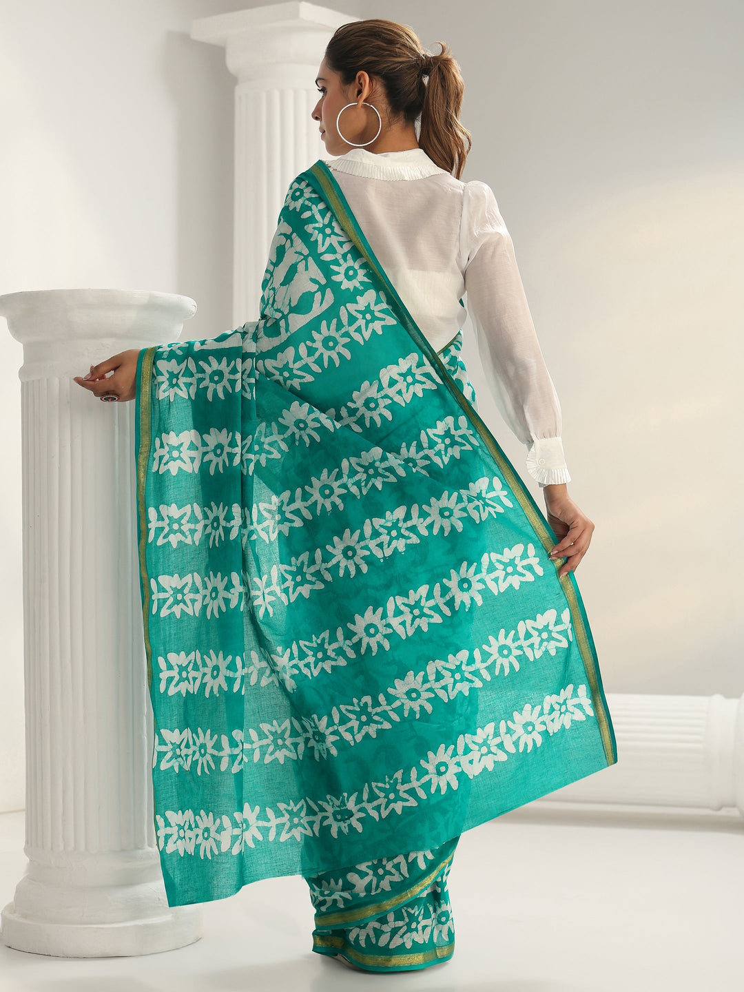 Green Batik Print Cotton Saree