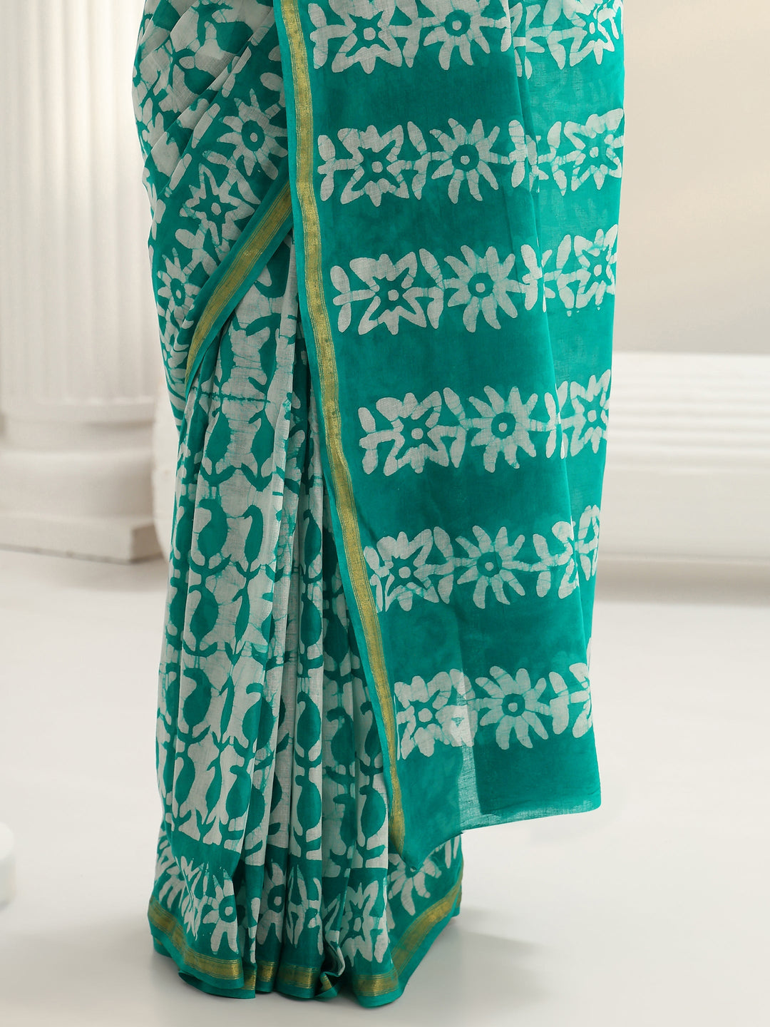 Green Batik Print Cotton Saree