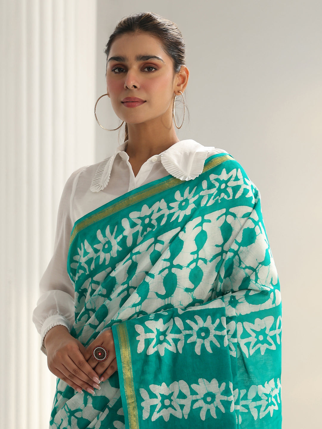 Green Batik Print Cotton Saree