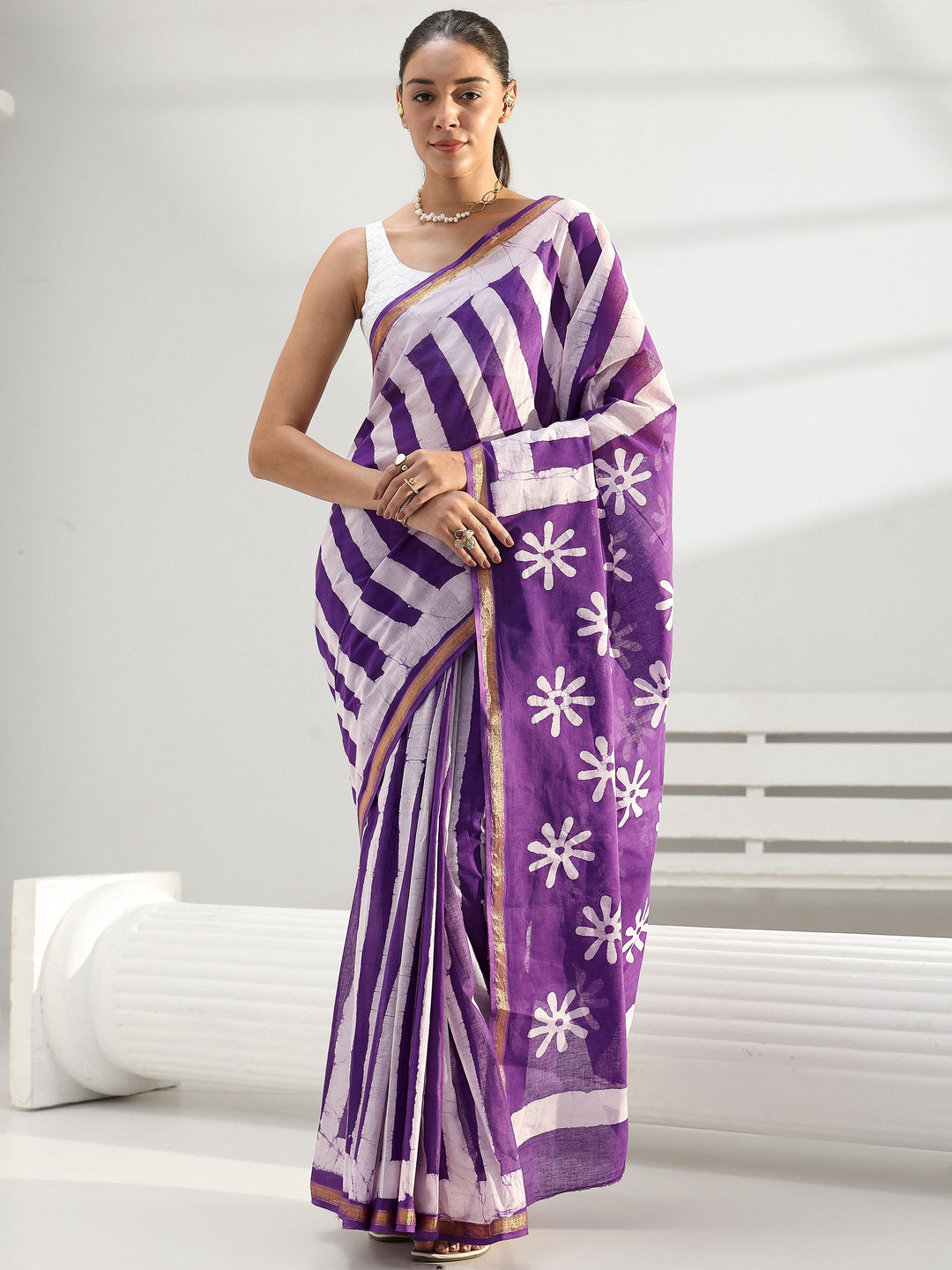 Purple Floral Printed Cotton Saree