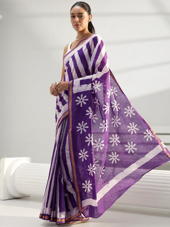 Purple Floral Printed Cotton Saree