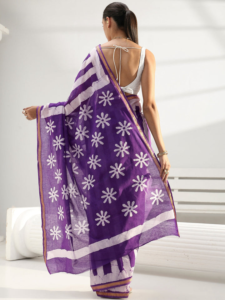 Purple Floral Printed Cotton Saree