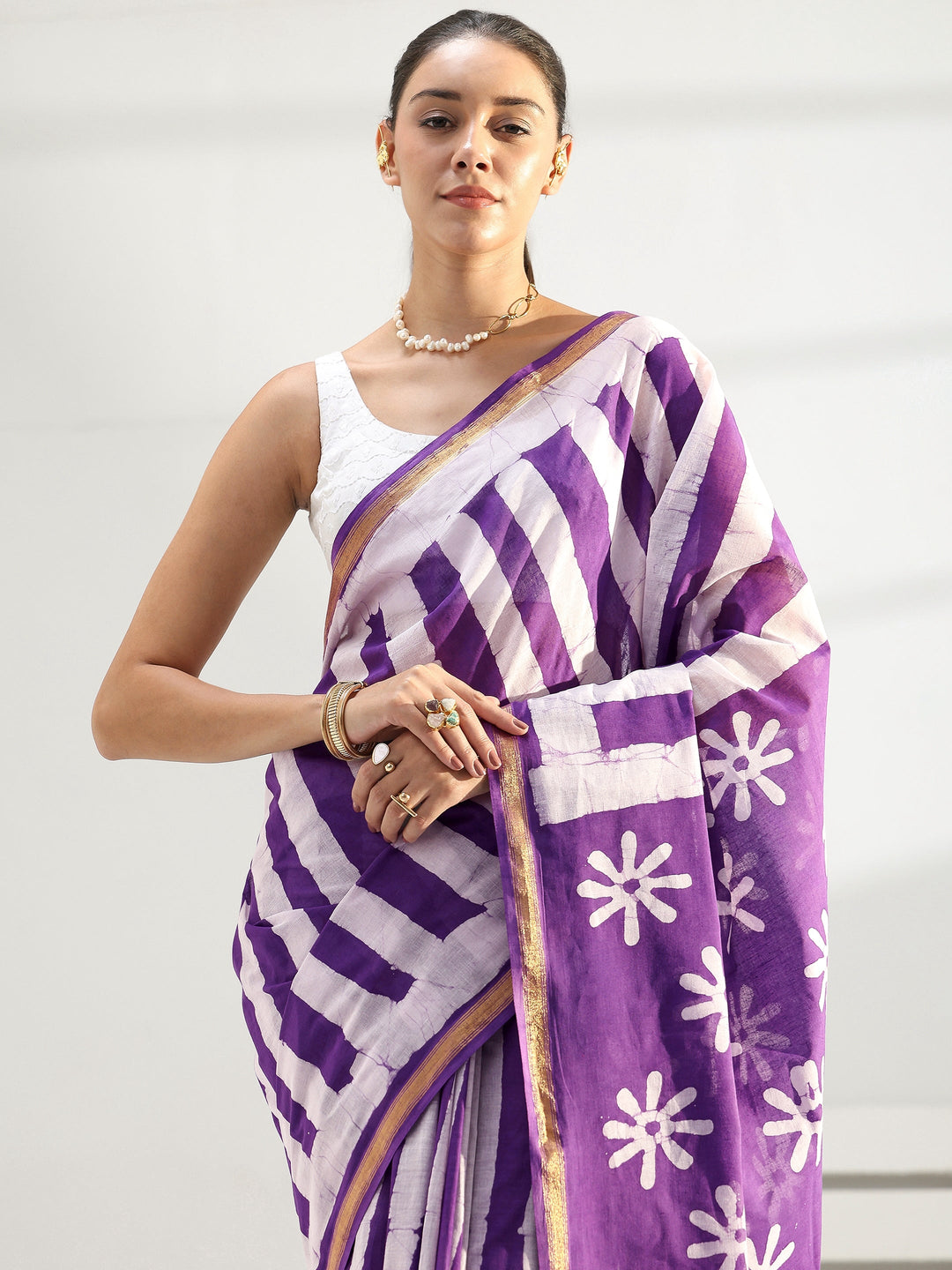 Purple Floral Printed Cotton Saree