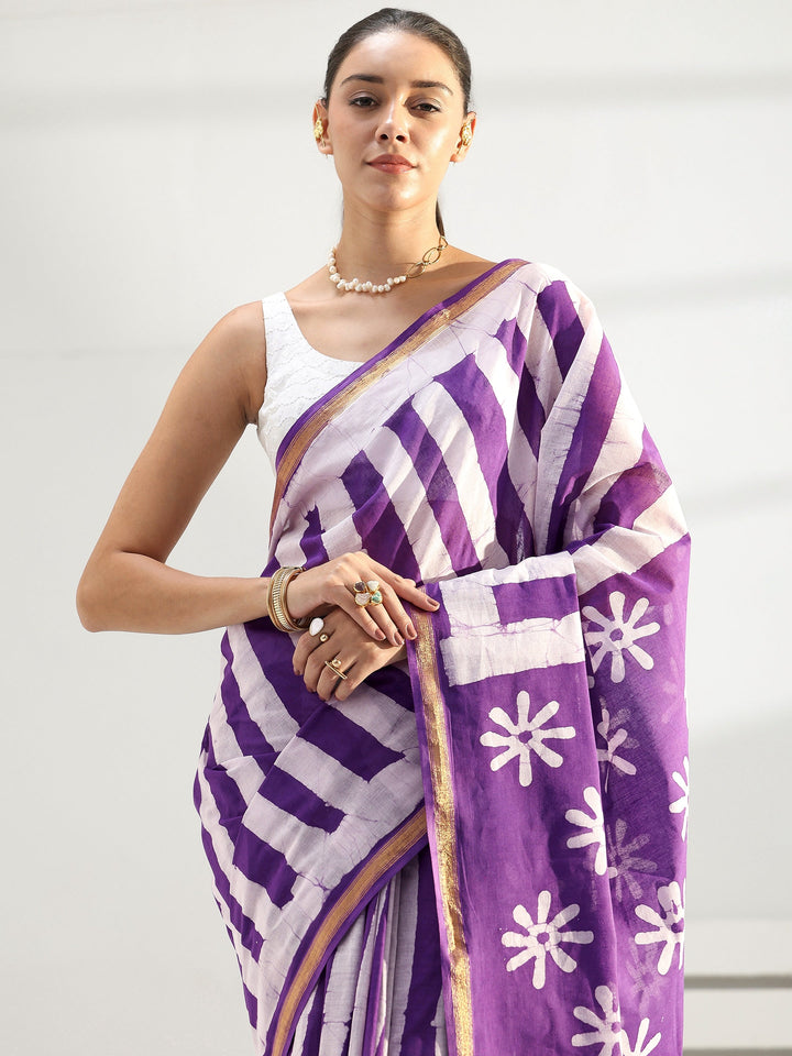 Purple Floral Printed Cotton Saree