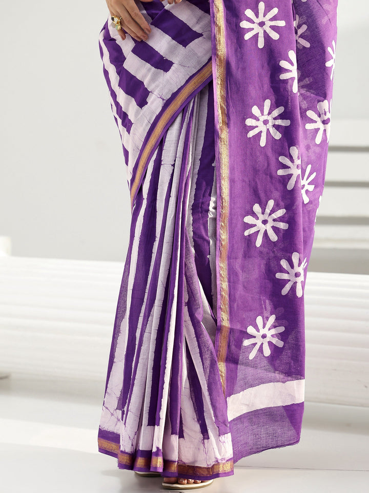 Purple Floral Printed Cotton Saree