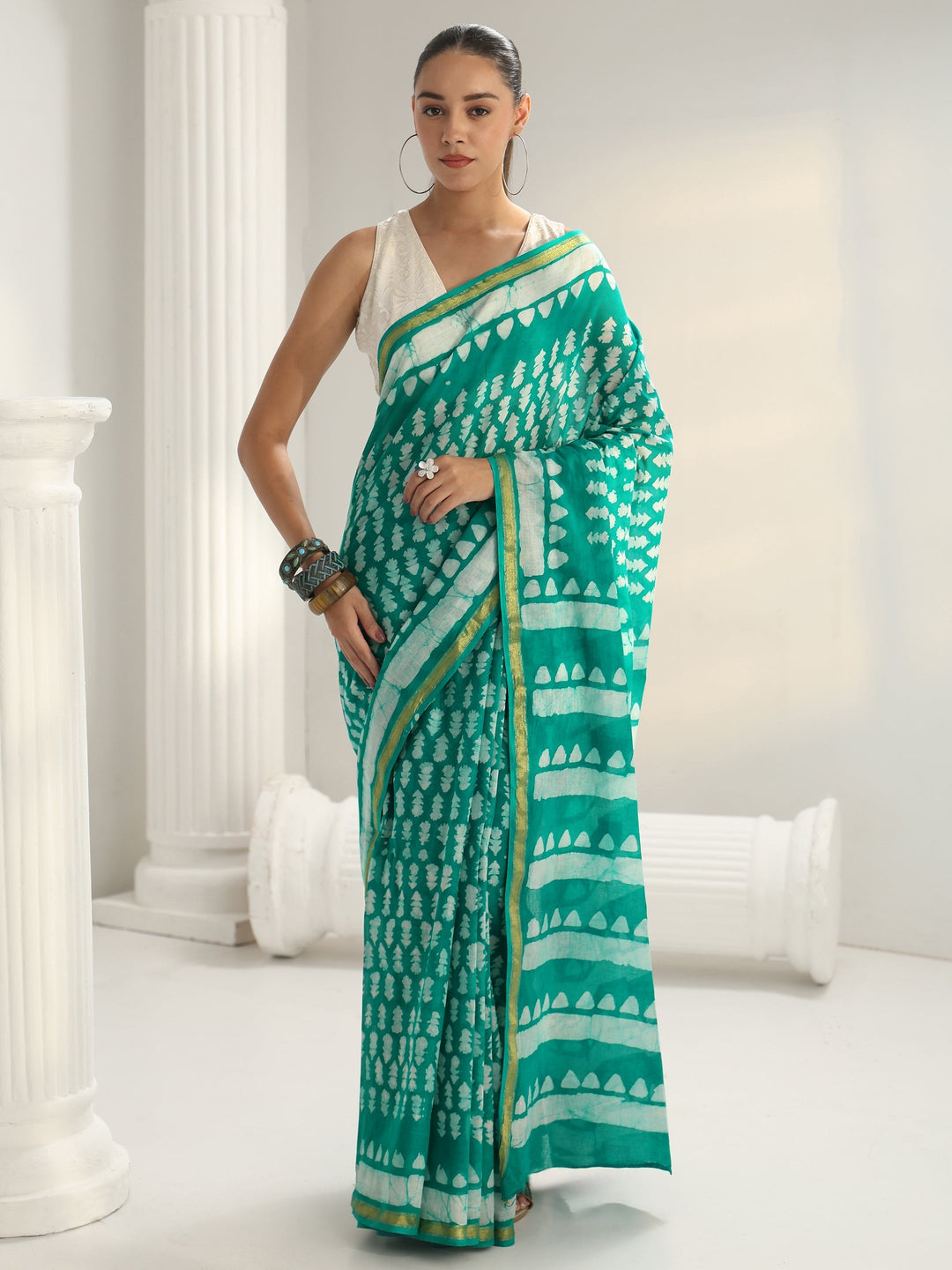 Green Batik Print Cotton Saree