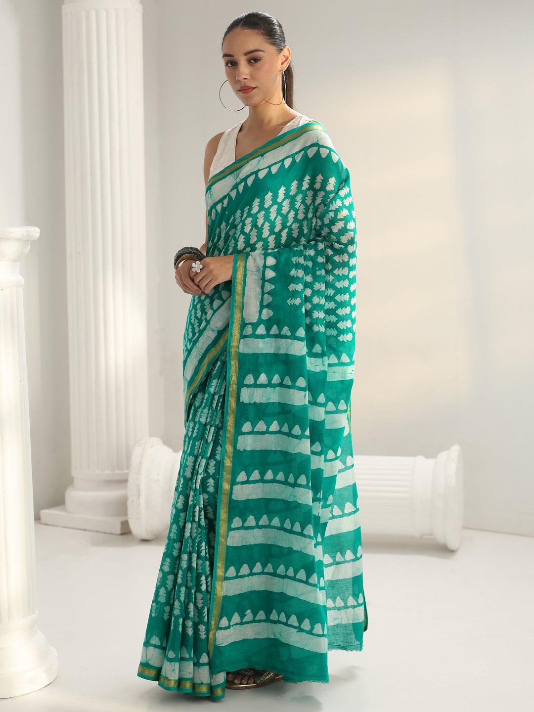 Green Batik Print Cotton Saree