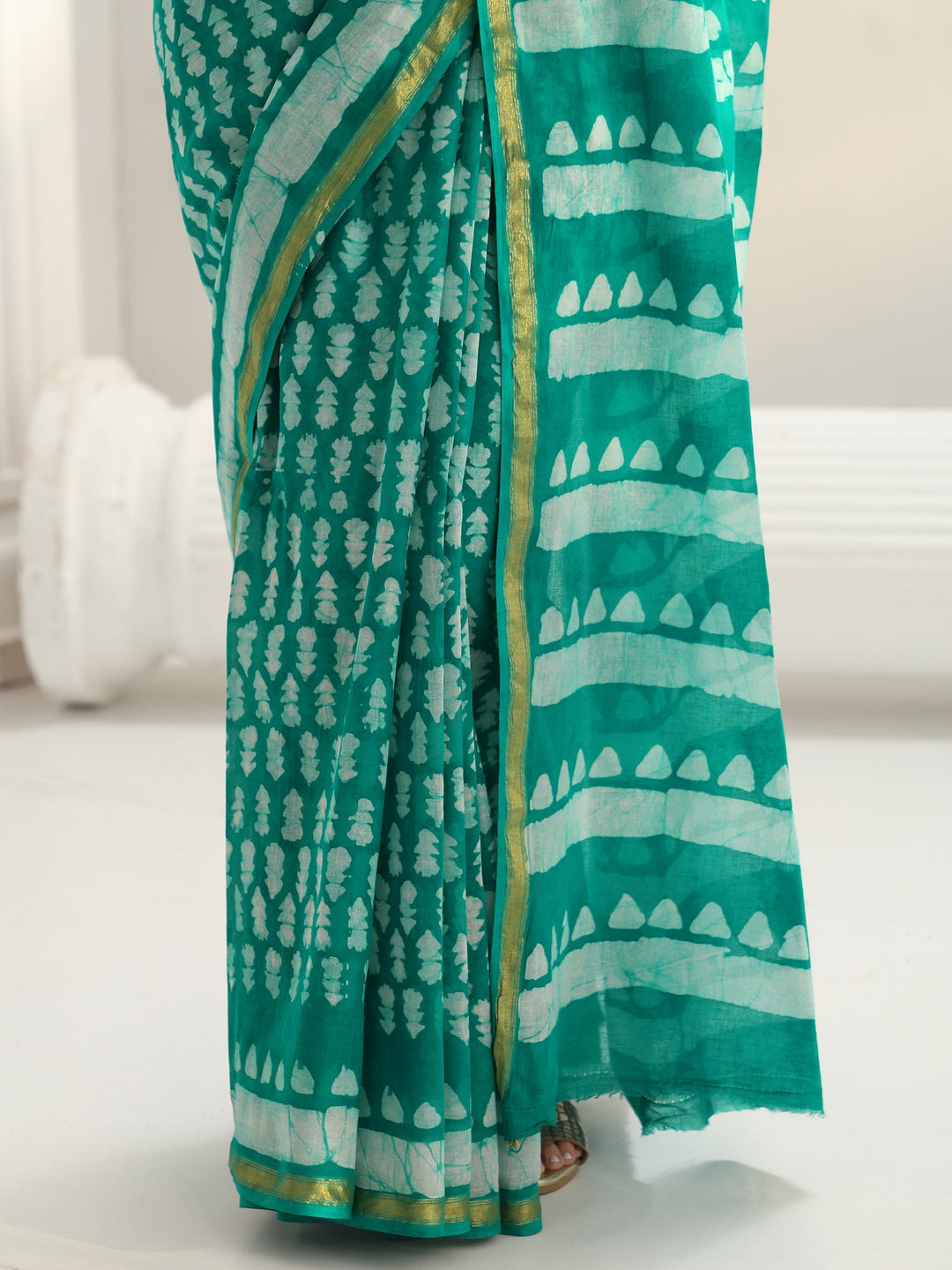 Green Batik Print Cotton Saree