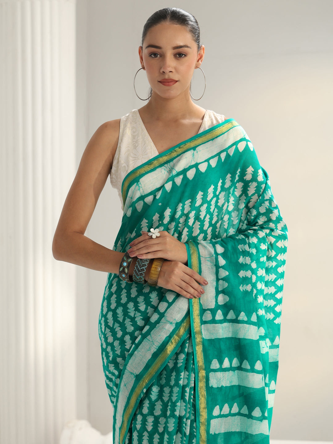 Green Batik Print Cotton Saree