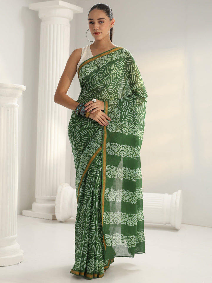 Green Dabu Print Cotton Saree