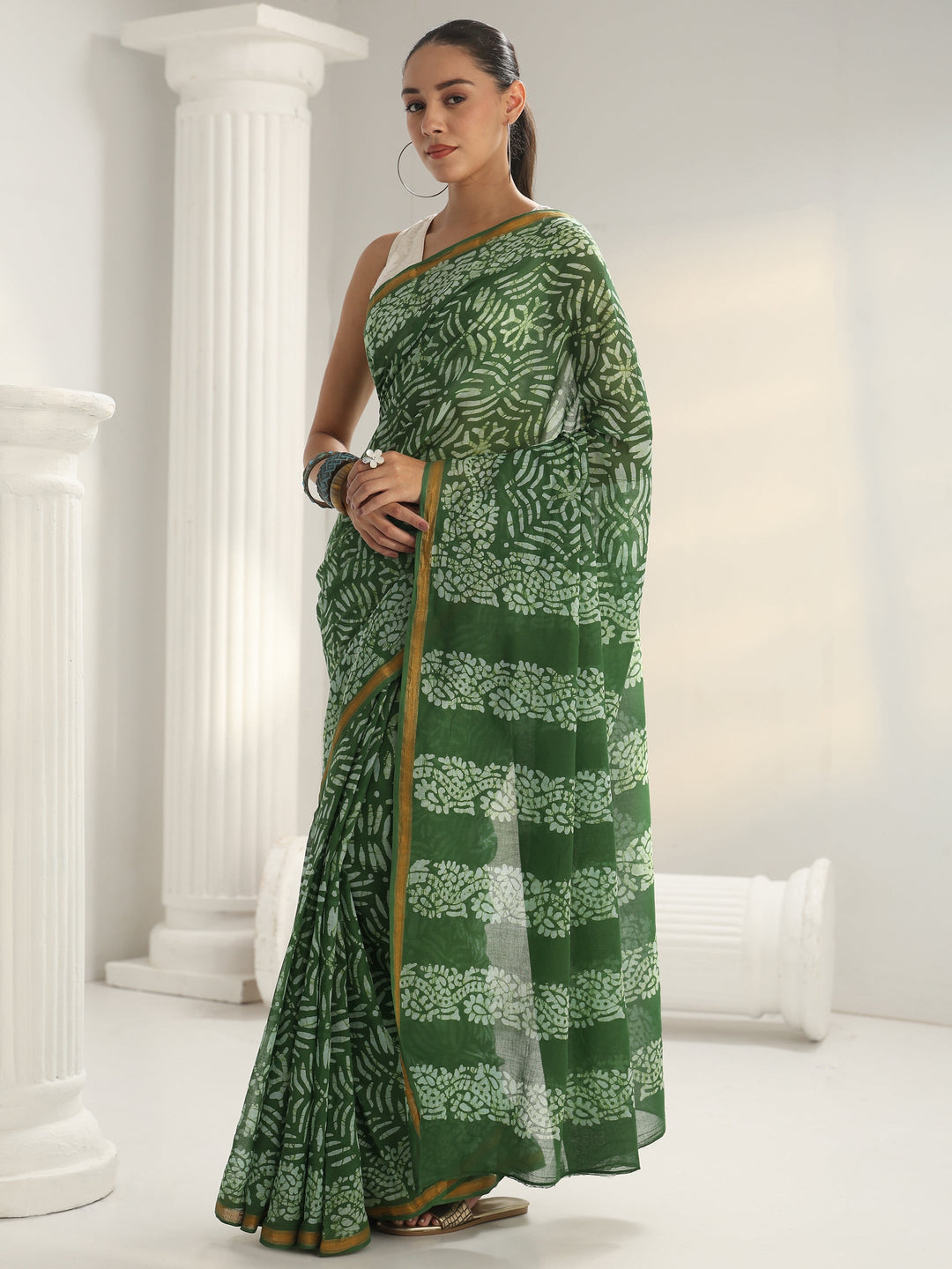 Green Dabu Print Cotton Saree