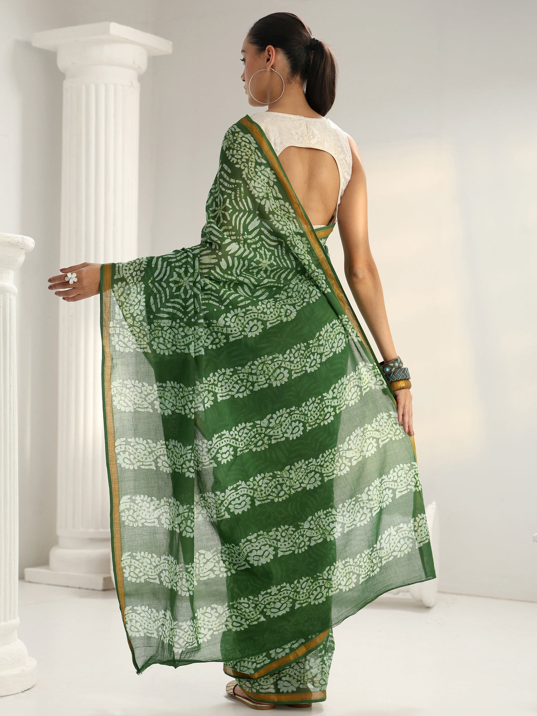Green Dabu Print Cotton Saree
