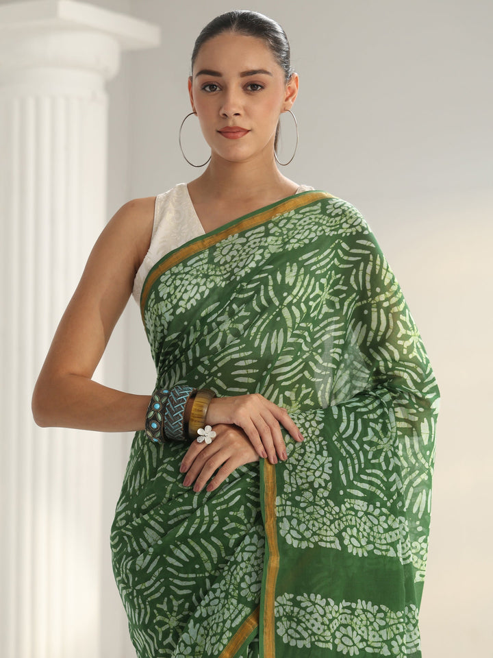 Green Dabu Print Cotton Saree