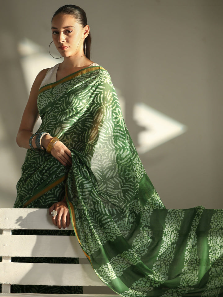 Green Dabu Print Cotton Saree