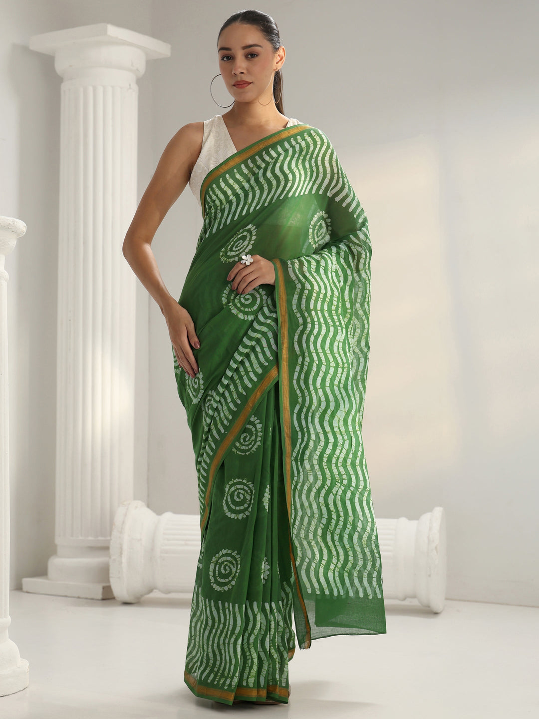 Green Batik Print Cotton Saree