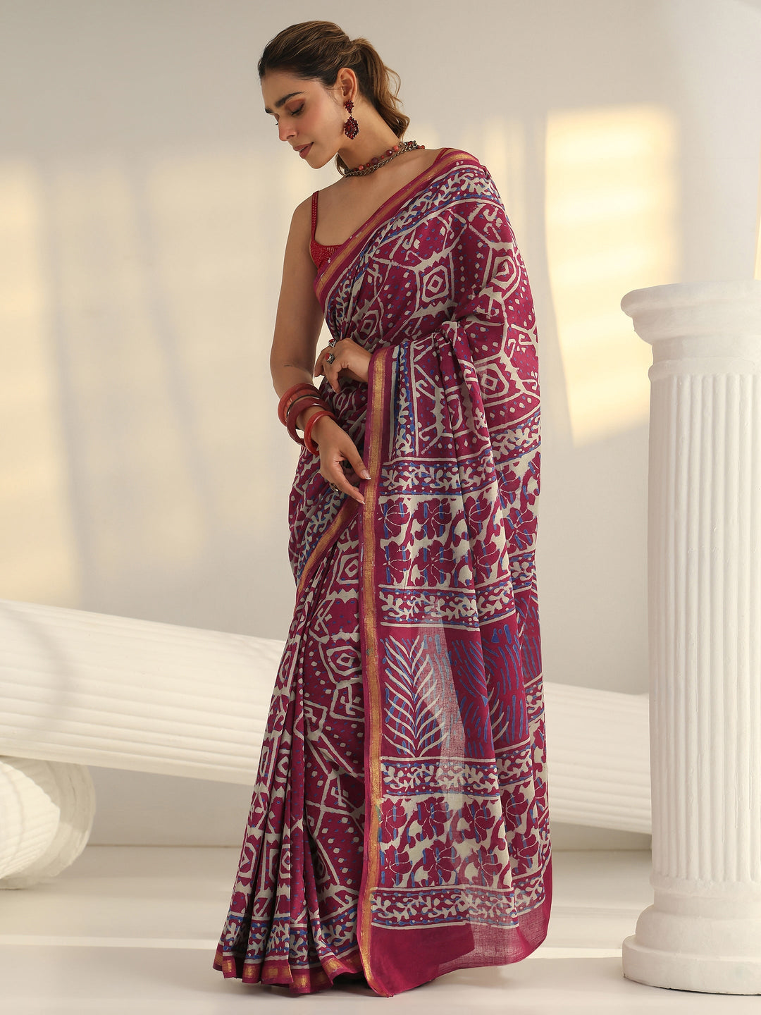 Pink Ethnic Printed Cotton Saree