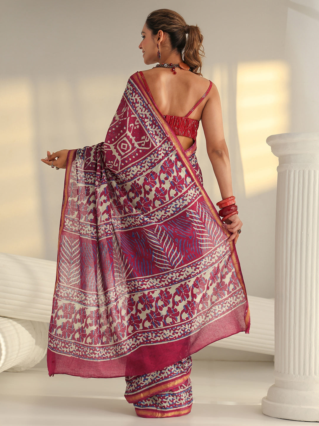 Pink Ethnic Printed Cotton Saree