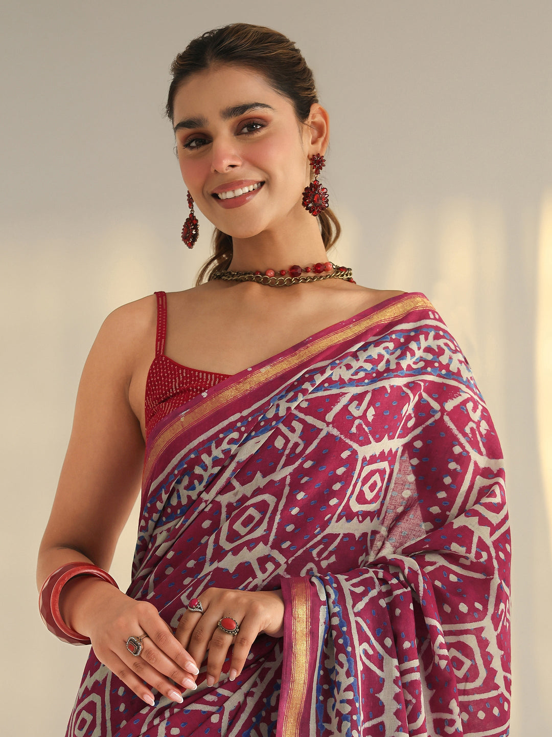 Pink Ethnic Printed Cotton Saree