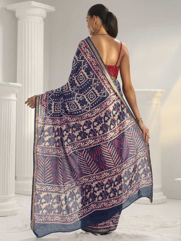 Blue Ethnic Printed Cotton Saree
