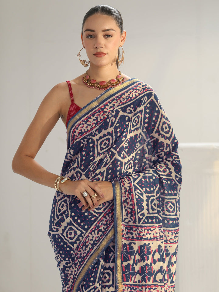 Blue Ethnic Printed Cotton Saree